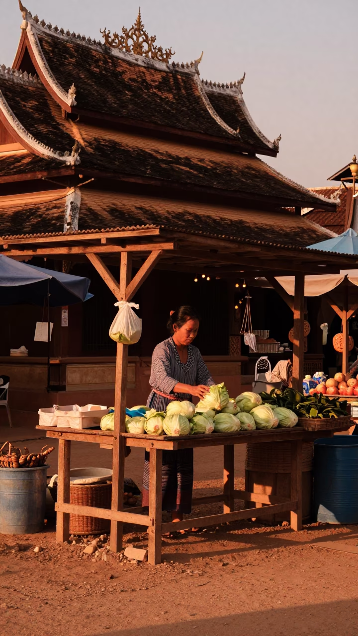 Copper-toned Light Before Dusk on Market Stalls in Luang Prabang in in Luang Prabang, Laos