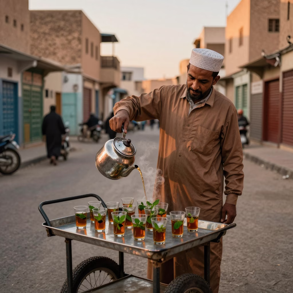 Copper-toned Light Before Dusk on Mint Tea in Casablanca in in Casablanca, Morocco