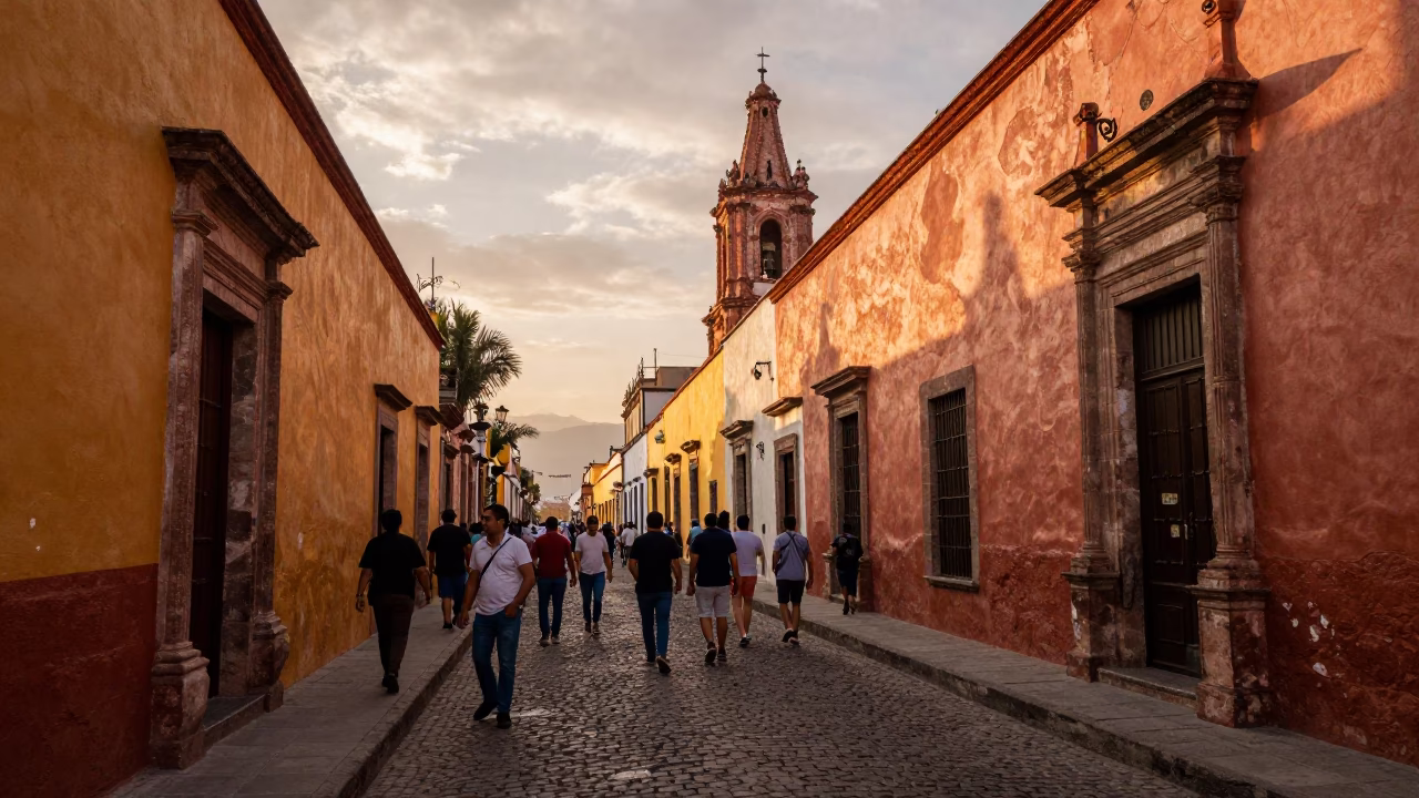 Copper-toned Light Before Dusk on Narrow Street in Mexico City in in Mexico City, Mexico