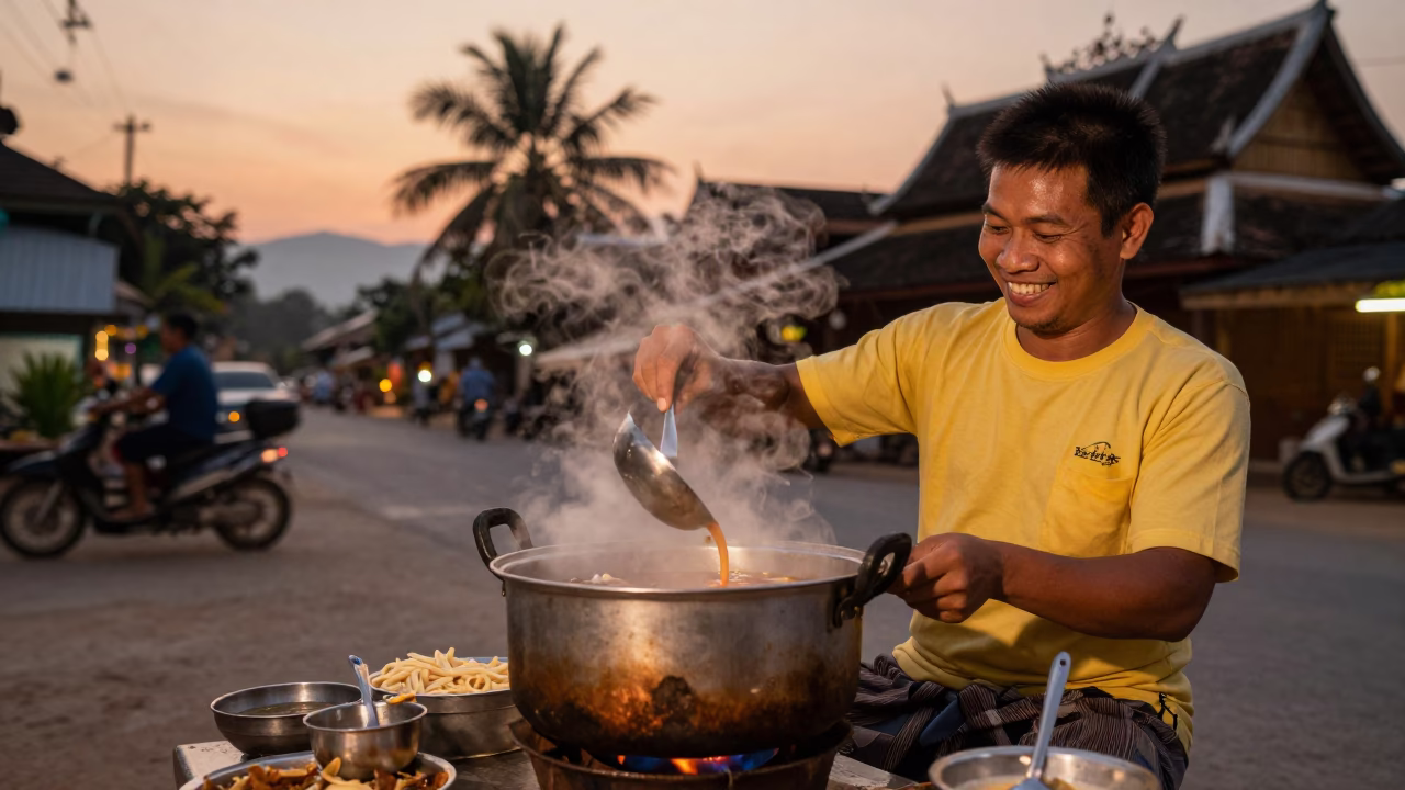 Copper-toned Light Before Dusk on Noodle Soup in Luang Prabang in in Luang Prabang, Laos