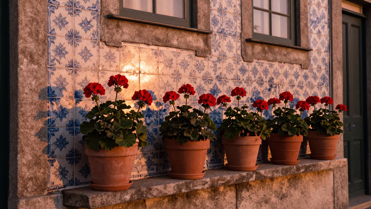 Copper-toned Light Before Dusk on Potted Geraniums in Porto in in Porto, Portugal