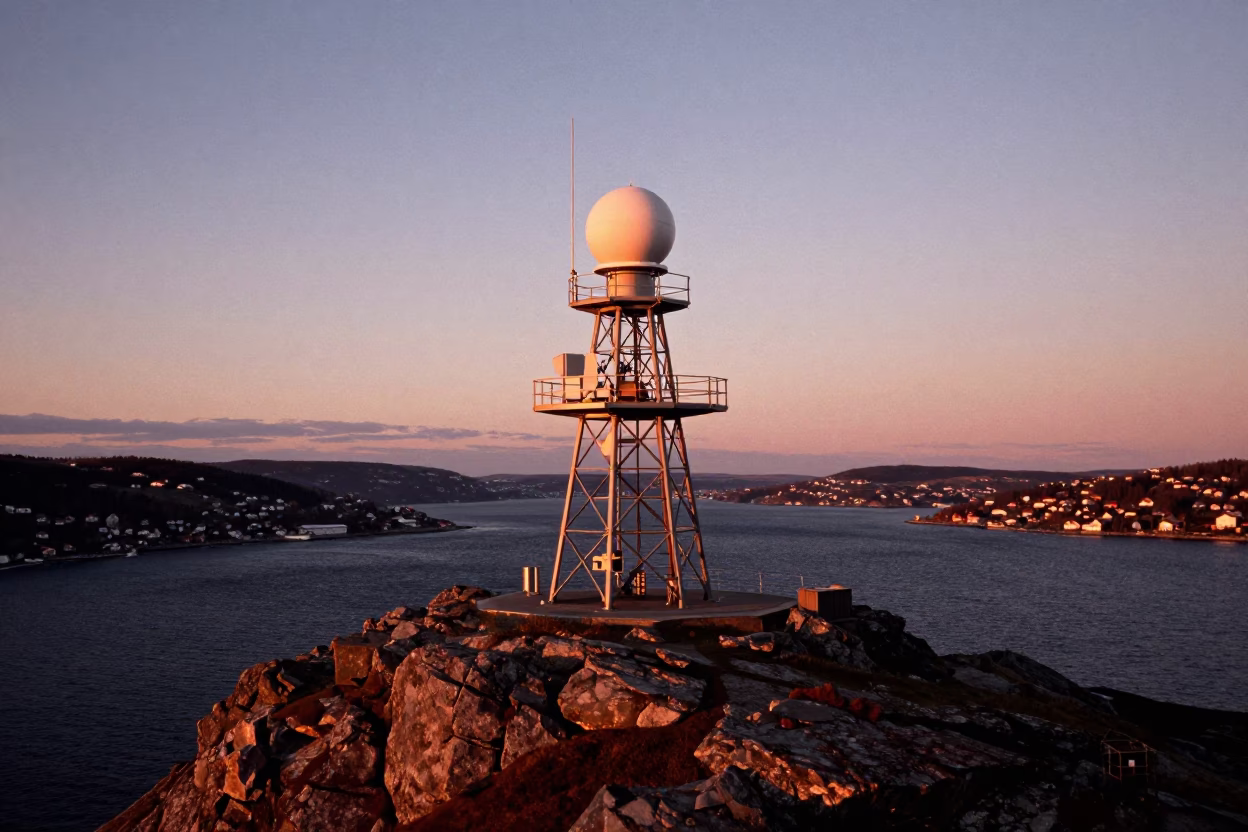 Copper-toned Light Before Dusk on Radar Installation in Bergen in in Bergen, Norway