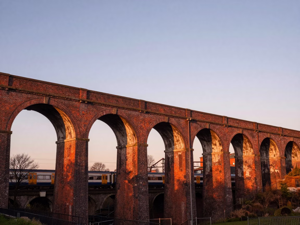 Copper-toned Light Before Dusk on Railway Viaduct in Dublin in in Dublin, Ireland