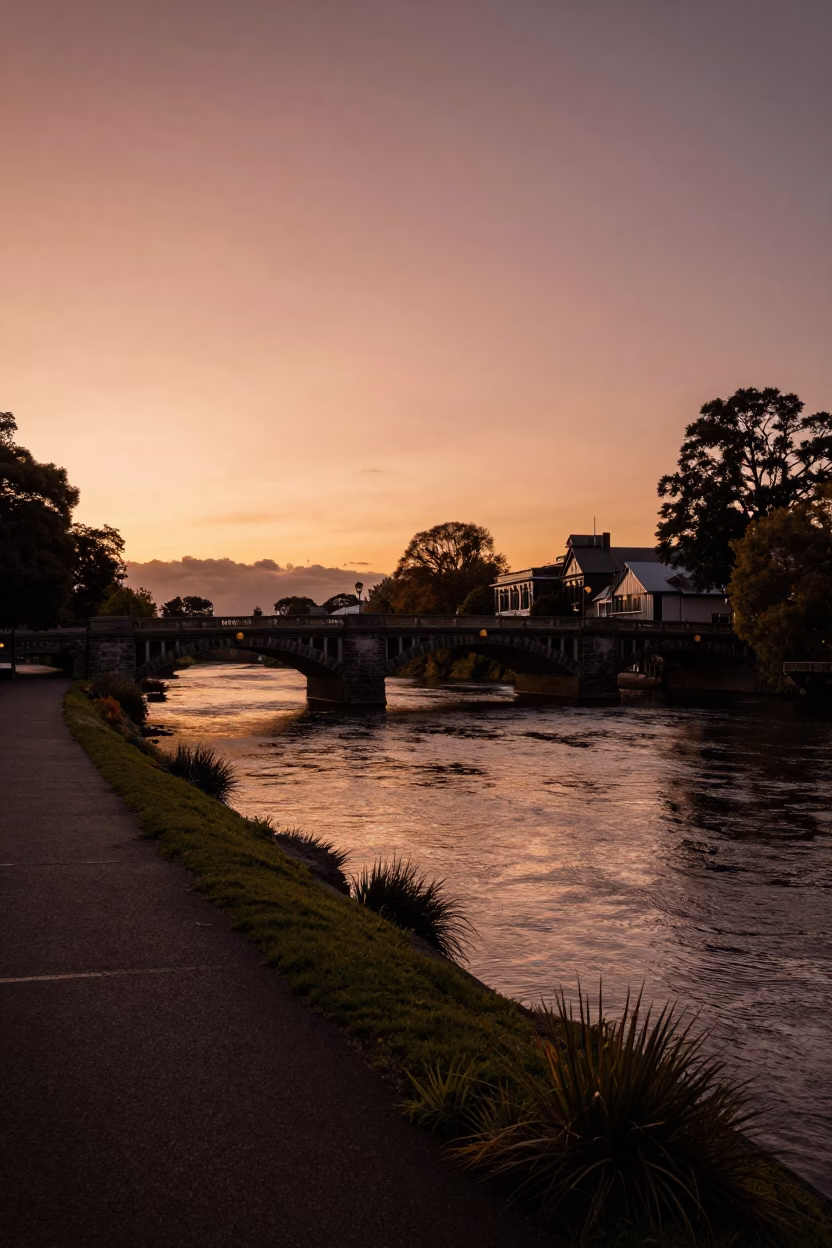Copper-toned Light Before Dusk on River Scene in Christchurch in in Christchurch, New Zealand