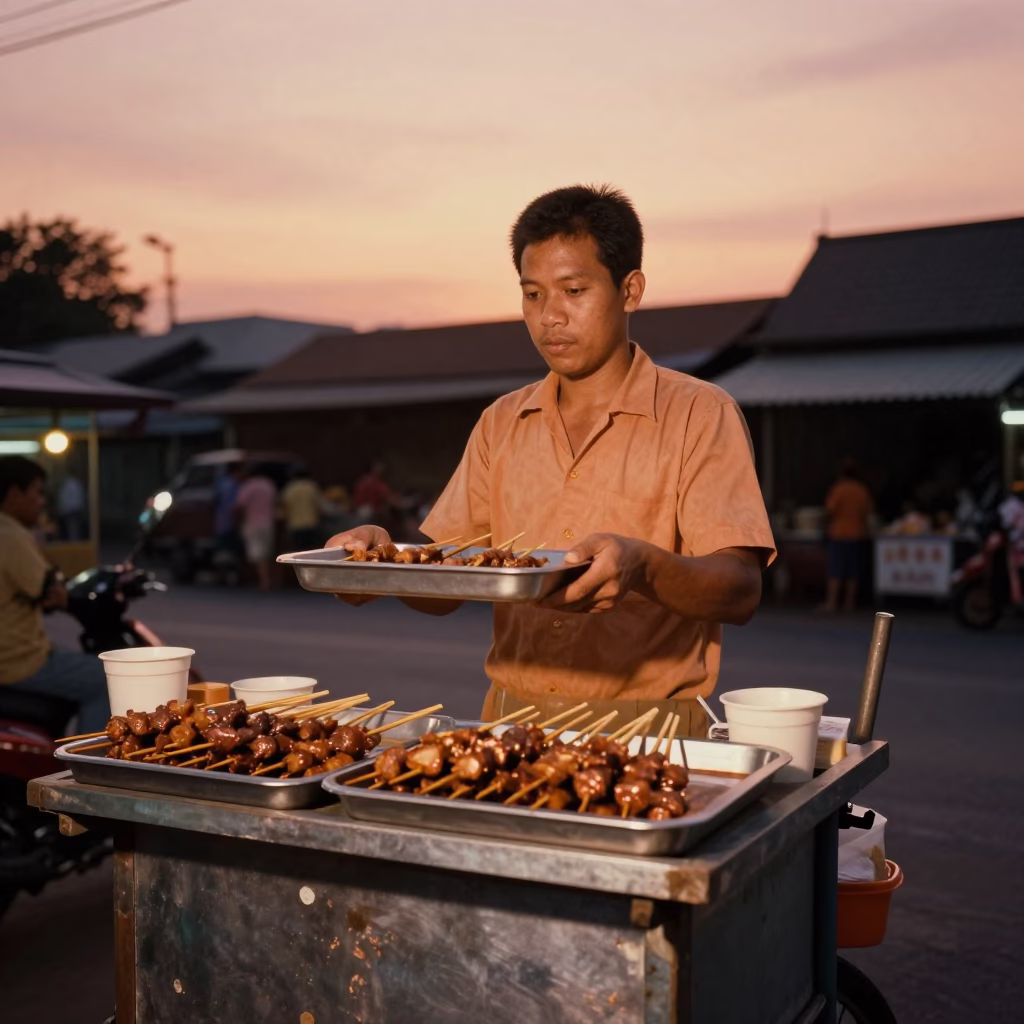 Copper-toned Light Before Dusk on Satay Skewers in Bangkok in in Bangkok, Thailand