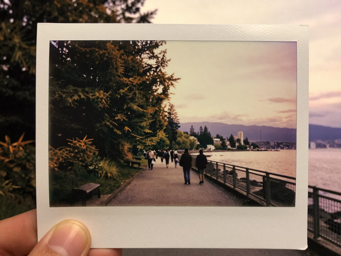 Copper-toned Light Before Dusk on Seawall Pathway in Vancouver in in Vancouver, British Columbia, Canada