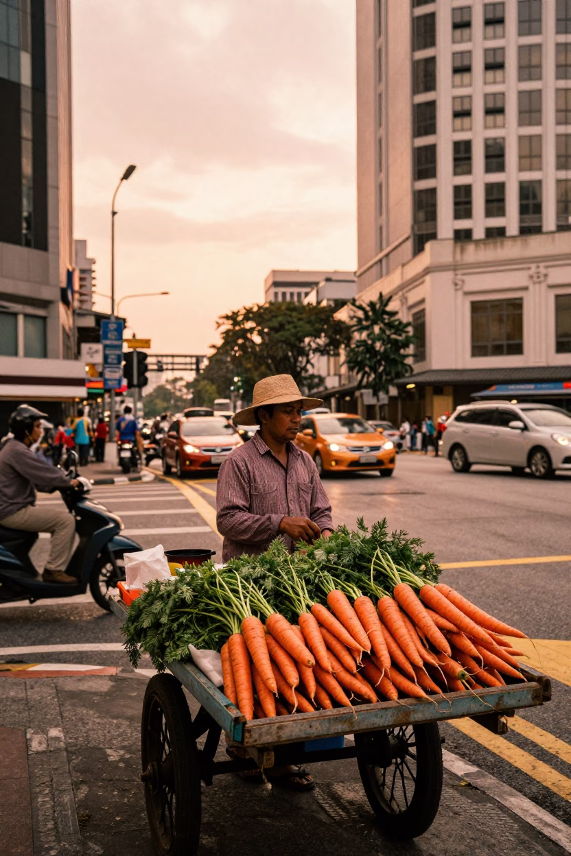Copper-toned Light Before Dusk on Selling Carrots in Kuala Lumpur in in Kuala Lumpur, Malaysia