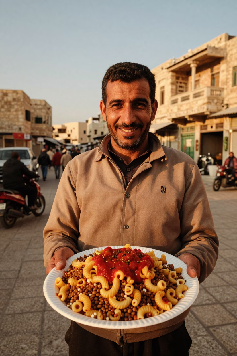 Copper-toned Light Before Dusk on Serving Koshari in Amman in in Amman, Jordan
