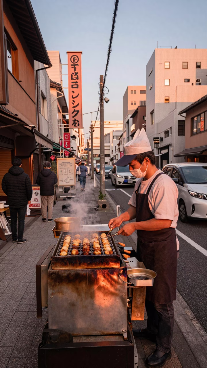 Copper-toned Light Before Dusk on Serving Takoyaki in Osaka in in Osaka, Japan