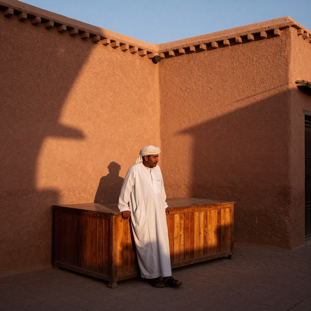 Copper-toned Light Before Dusk on Souk Stallkeeper in Marrakech in in Marrakech, Morocco