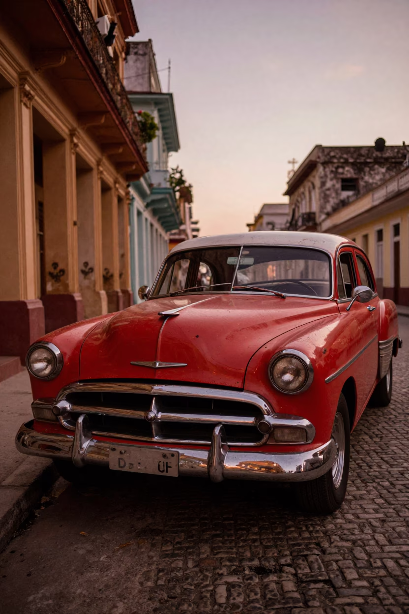 Copper-toned Light Before Dusk on Sports Car in Havana in in Havana, Cuba