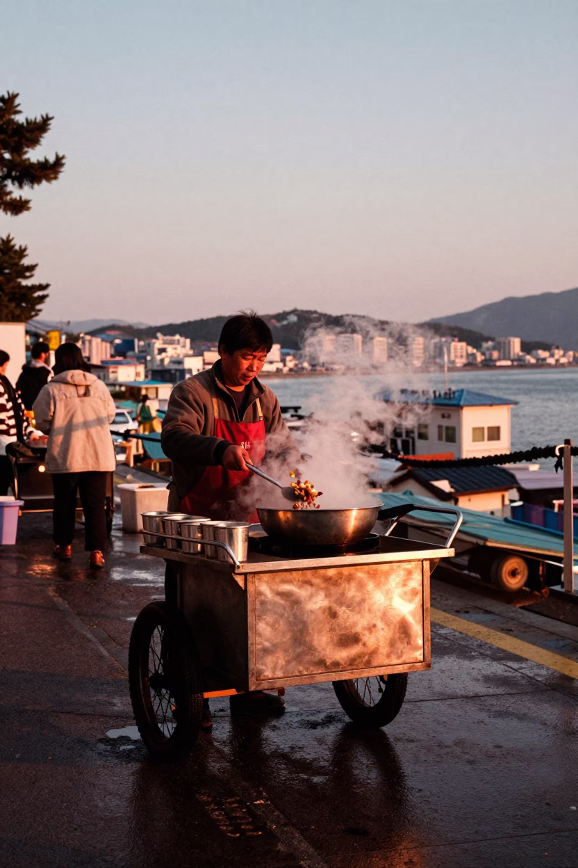 Copper-toned Light Before Dusk on Stall Cooking in Busan in in Busan, South Korea