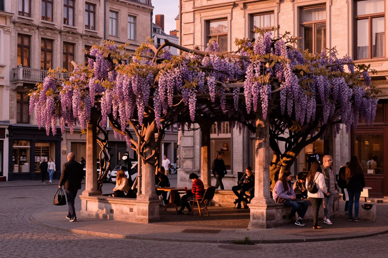 Copper-toned Light Before Dusk on Street Corner in Brussels in in Brussels, Belgium