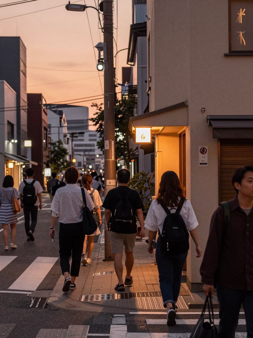 Copper-toned Light Before Dusk on Street Corner in Fukuoka in in Fukuoka, Japan