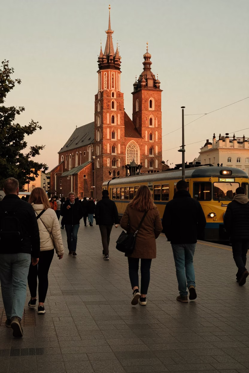 Copper-toned Light Before Dusk on Street Corner in Krakow in in Krakow, Poland