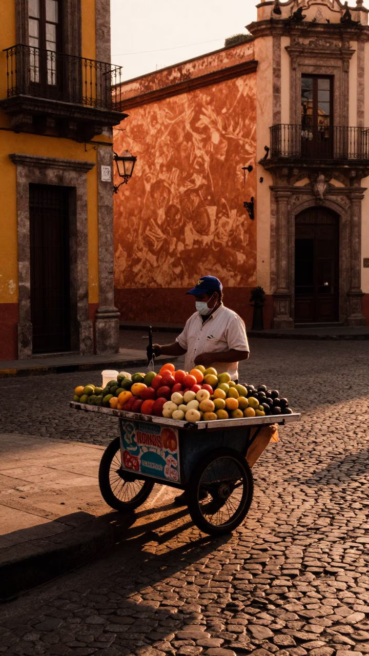 Copper-toned Light Before Dusk on Street Corner in Mexico City in in Mexico City, Mexico