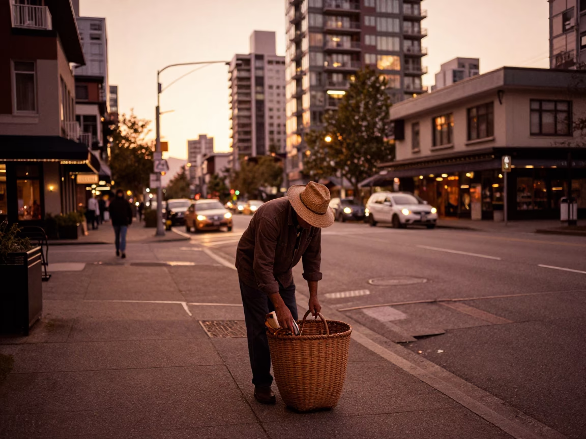 Copper-toned Light Before Dusk on Street Corner in Vancouver in in Vancouver, British Columbia, Canada