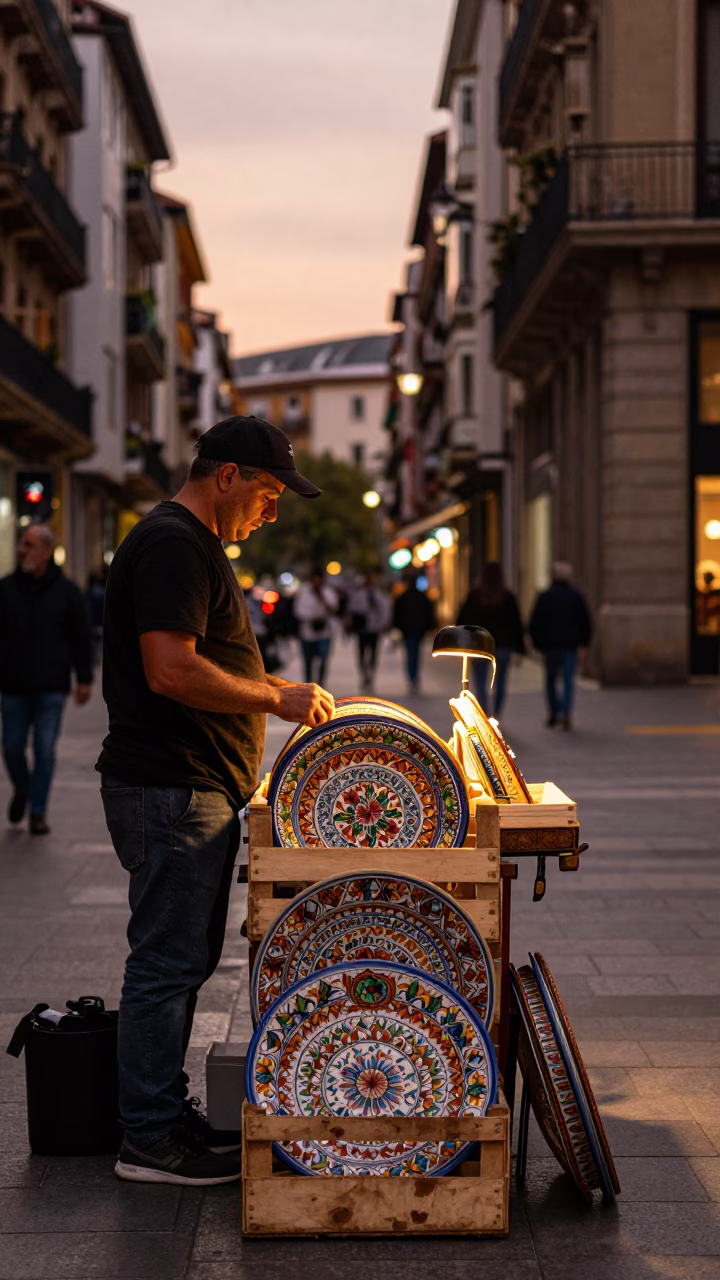 Copper-toned Light Before Dusk on Street Scene in Bilbao in in Bilbao, Spain