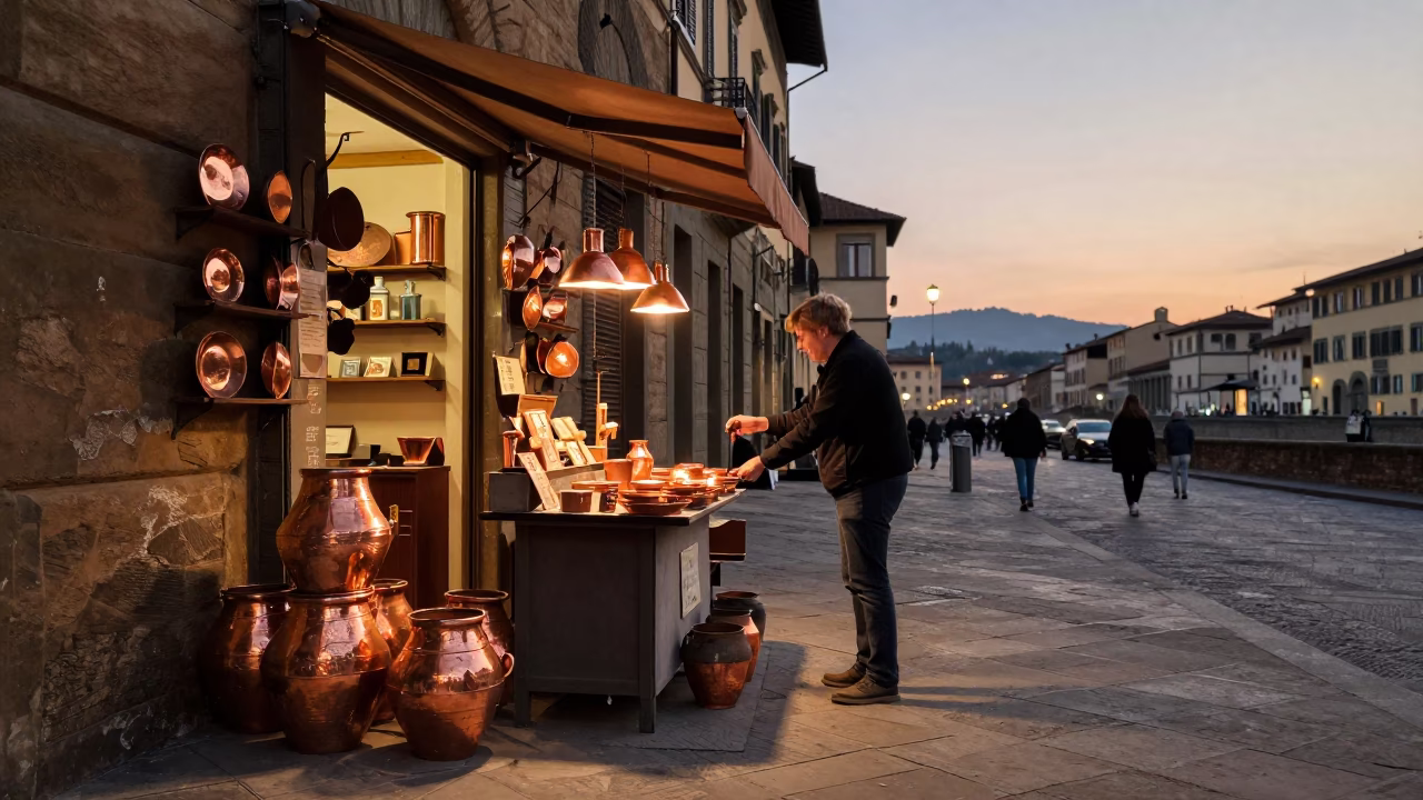 Copper-toned Light Before Dusk on Street Scene in Florence in in Florence, Italy