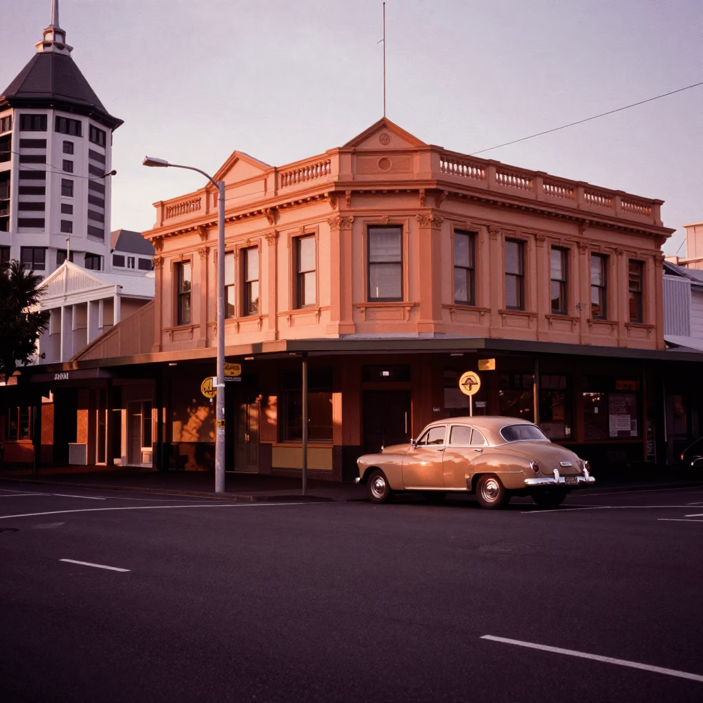 Copper-toned Light Before Dusk on Street Scene in Auckland in in Auckland, New Zealand