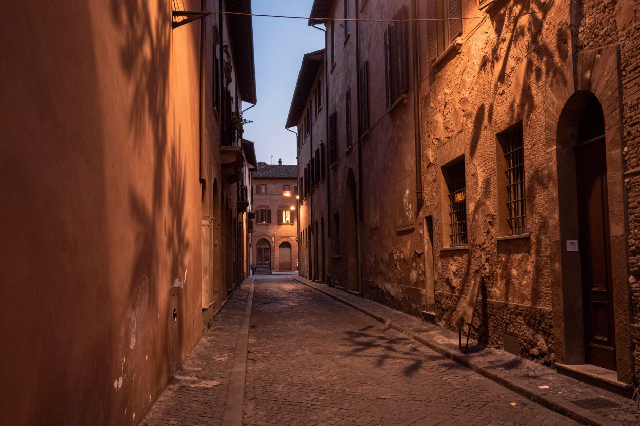 Copper-toned Light Before Dusk on Street Scene in Bologna in in Bologna, Italy