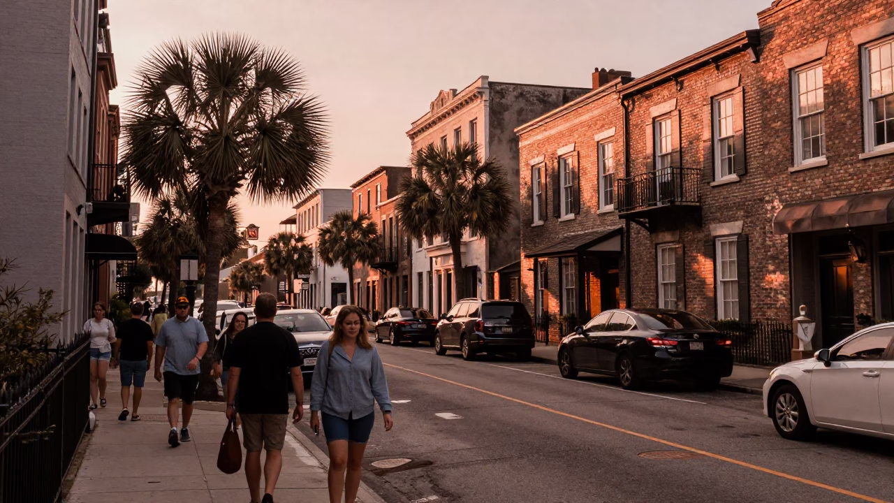 Copper-toned Light Before Dusk on Street Scene in Charleston in in Charleston, South Carolina, United States