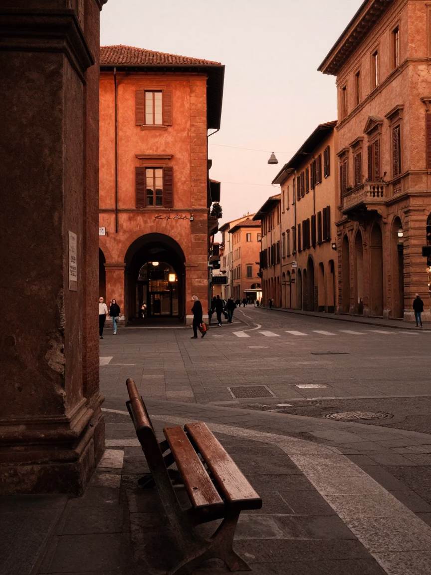 Copper-toned Light Before Dusk on Street Scene in Bologna in in Bologna, Italy