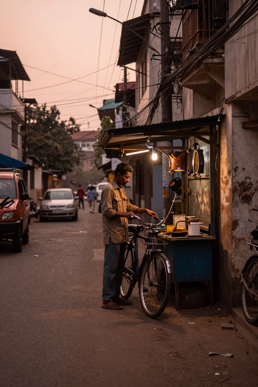 Copper-toned Light Before Dusk on Street Scene in Kolkata in in Kolkata, India