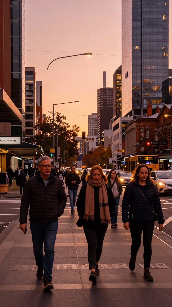 Copper-toned Light Before Dusk on Street Scene in Melbourne in in Melbourne, Victoria, Australia