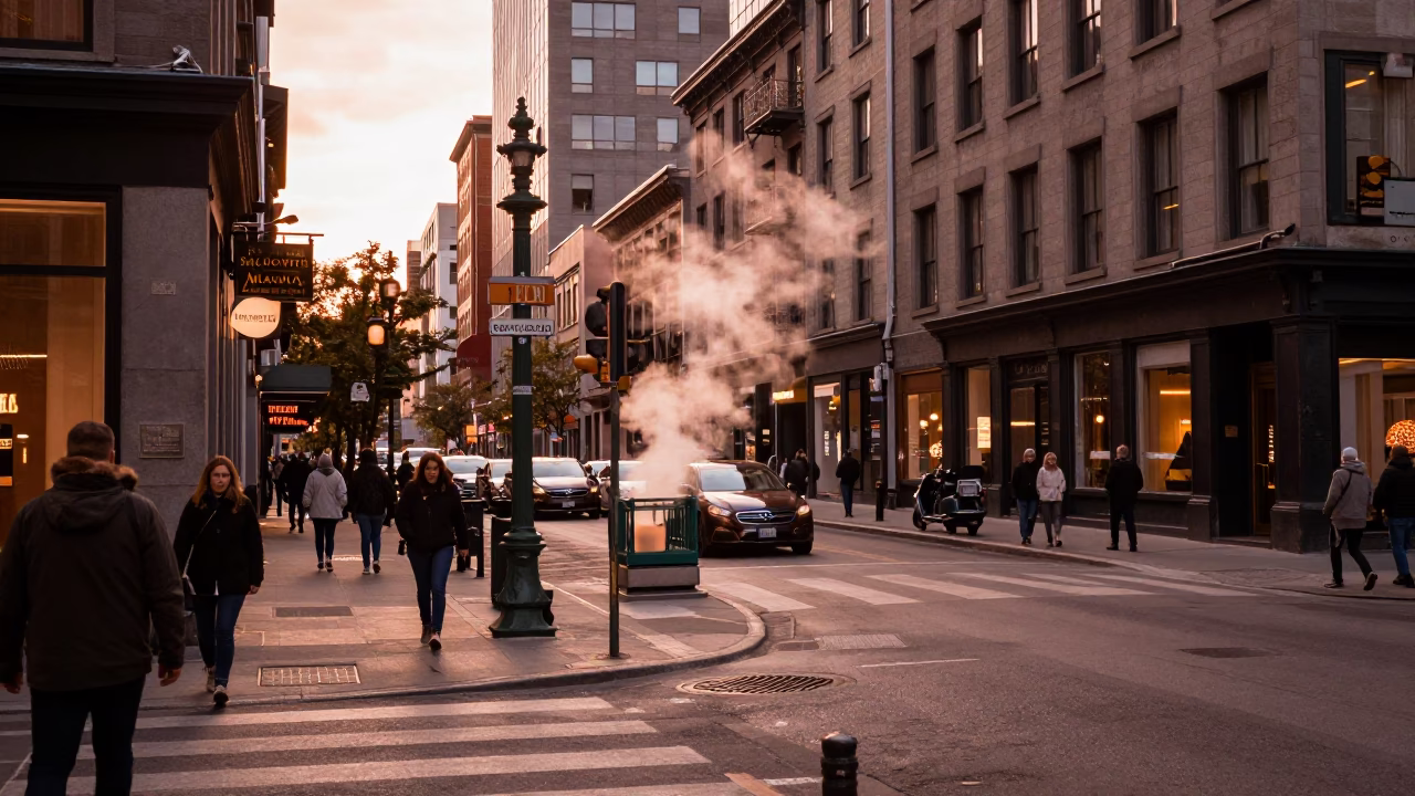 Copper-toned Light Before Dusk on Street Scene in Montreal in in Montreal, Quebec, Canada