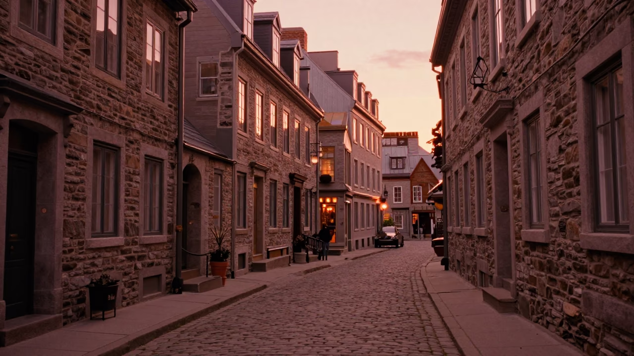 Copper-toned Light Before Dusk on Street Scene in Quebec City in in Quebec City, Quebec, Canada
