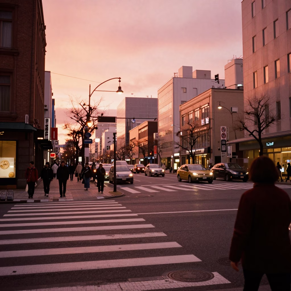 Copper-toned Light Before Dusk on Street Scene in Sapporo in in Sapporo, Japan