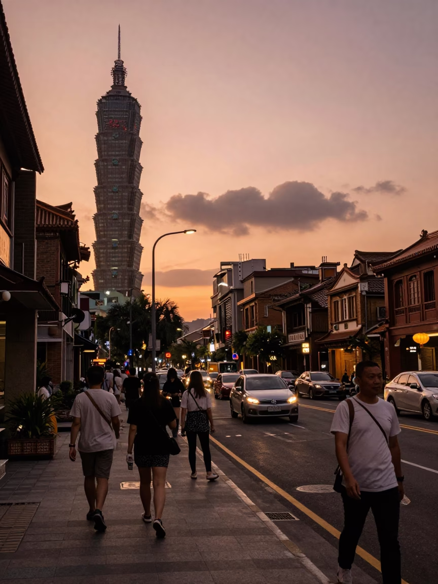 Copper-toned Light Before Dusk on Street Scene in Taipei in in Taipei, Taiwan