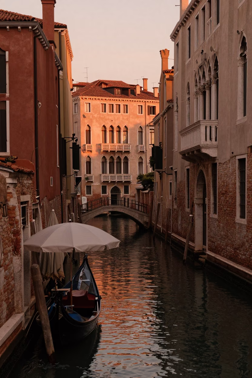 Copper-toned Light Before Dusk on Street Scene in Venice in in Venice, Italy