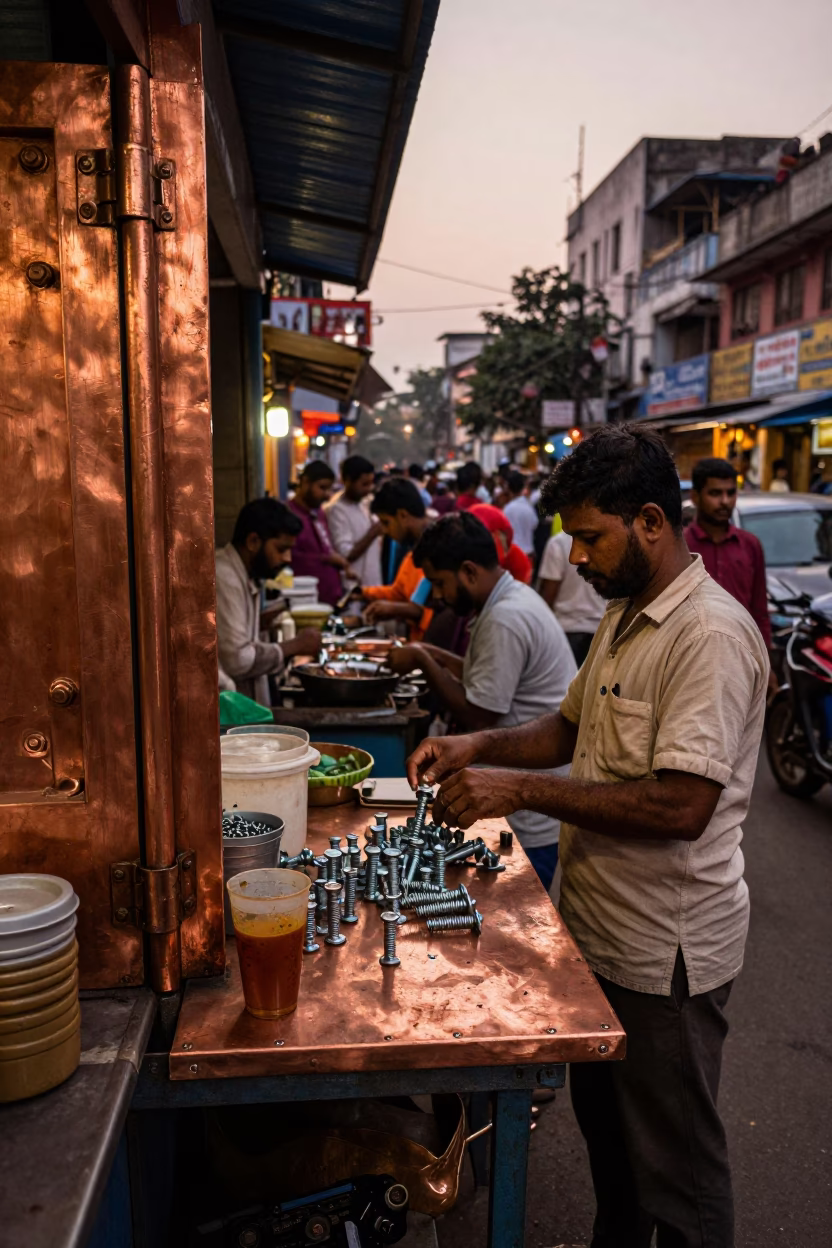 Copper-toned Light Before Dusk on Street Stall in Kolkata in in Kolkata, India