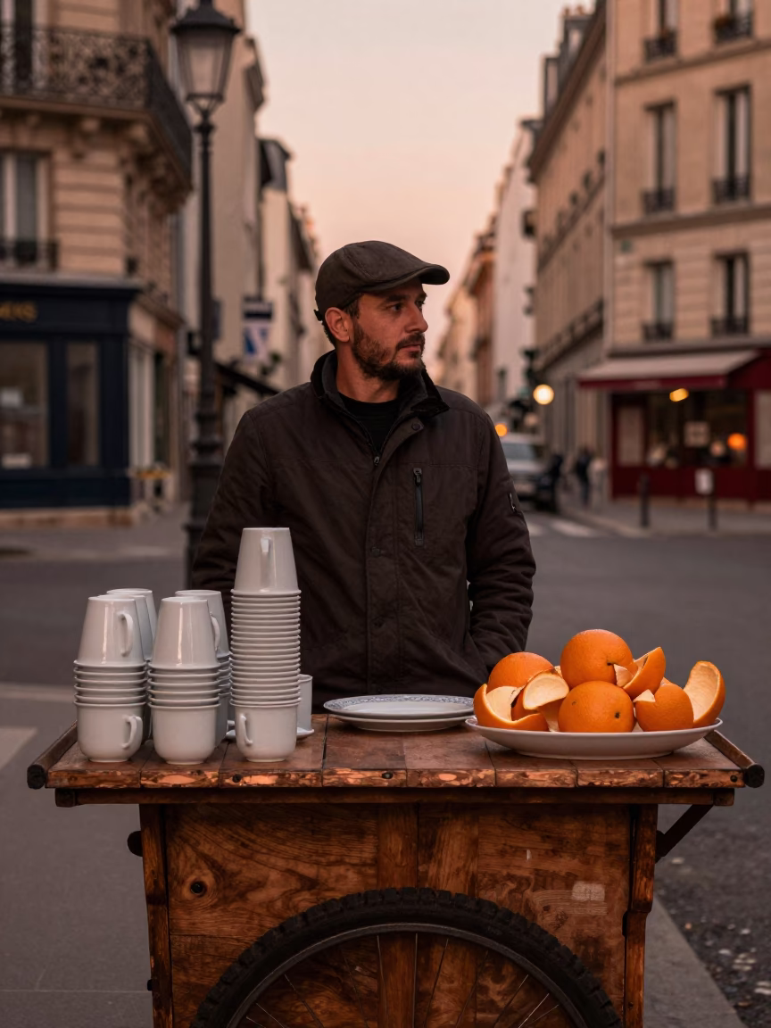 Copper-toned Light Before Dusk on Street Vendor in Paris in in Paris, France