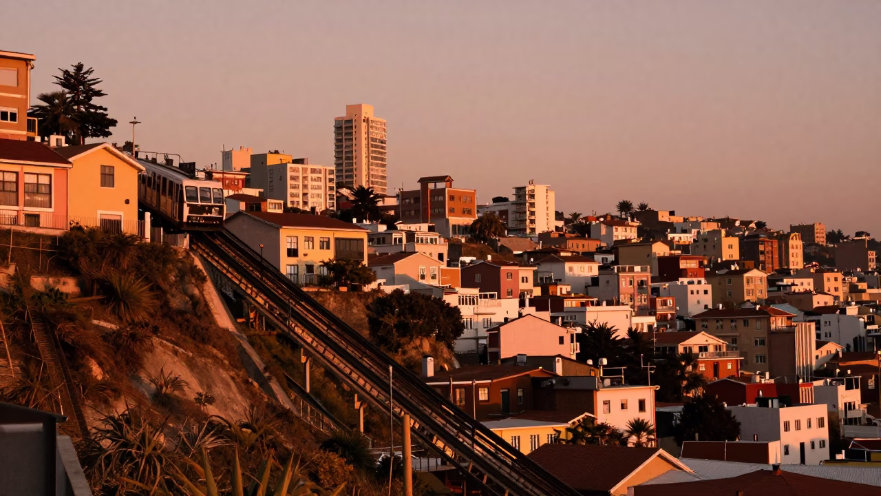 Copper-toned Light Before Dusk on Sunset Panorama in Valparaiso in in Valparaiso, Chile