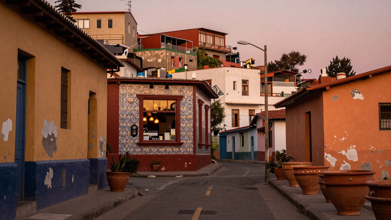 Copper-toned Light Before Dusk on Terracotta Bowls in Valparaiso in in Valparaiso, Chile