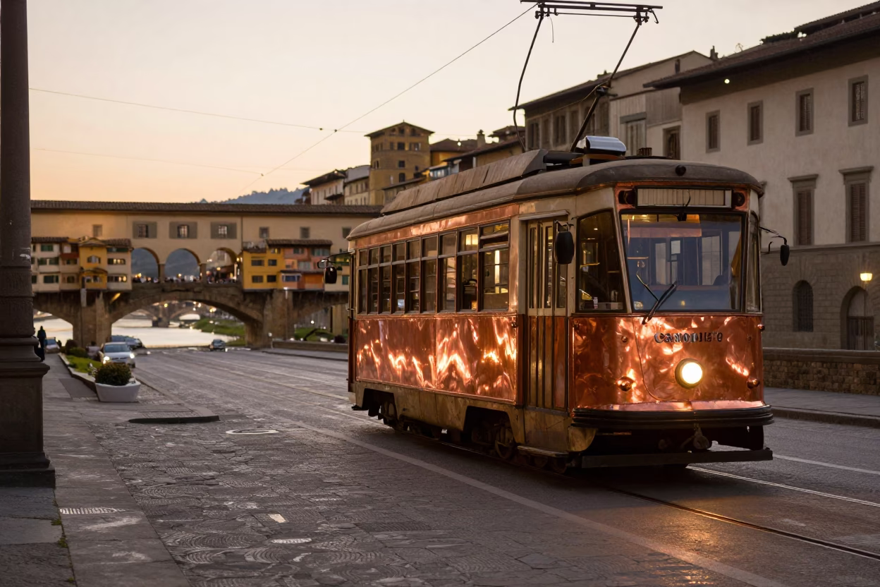 Copper-toned Light Before Dusk on Tram in Florence in in Florence, Italy