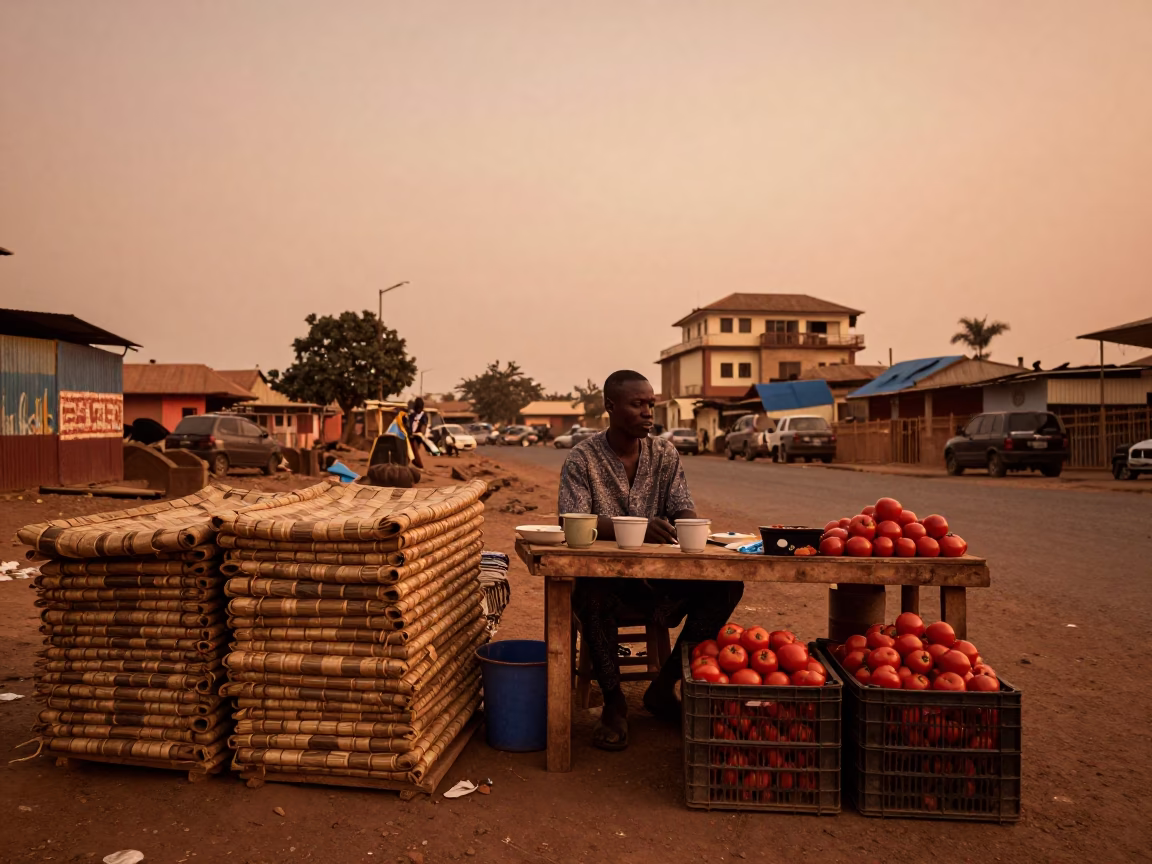 Copper-toned Light Before Dusk on Vendor Stall in Accra in in Accra, Ghana