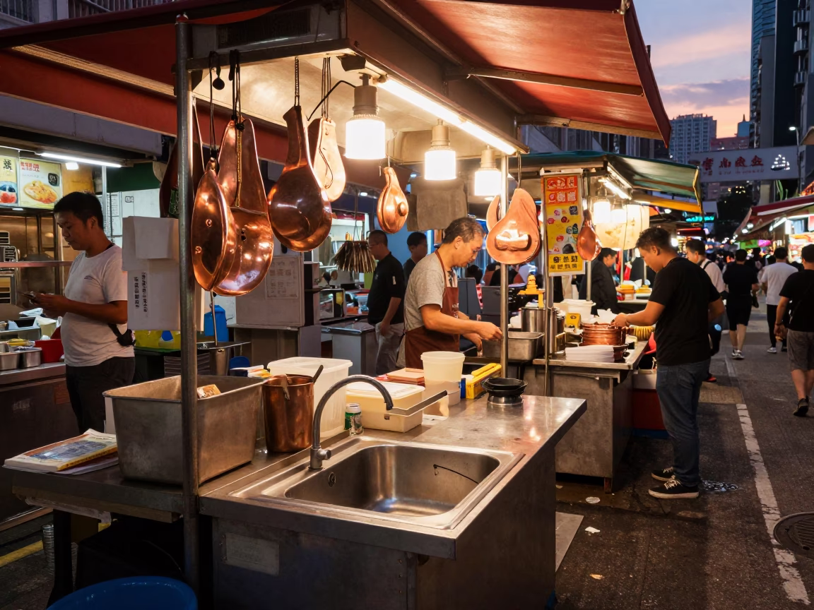 Copper-toned Light Before Dusk on Vendor Stall in Hong Kong in in Hong Kong, Hong Kong