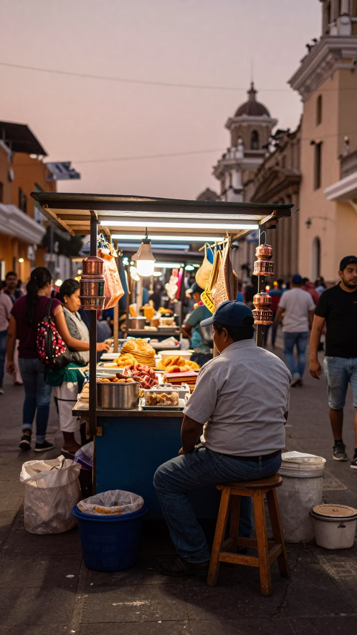 Copper-toned Light Before Dusk on Vendor Stall in Lima in in Lima, Peru
