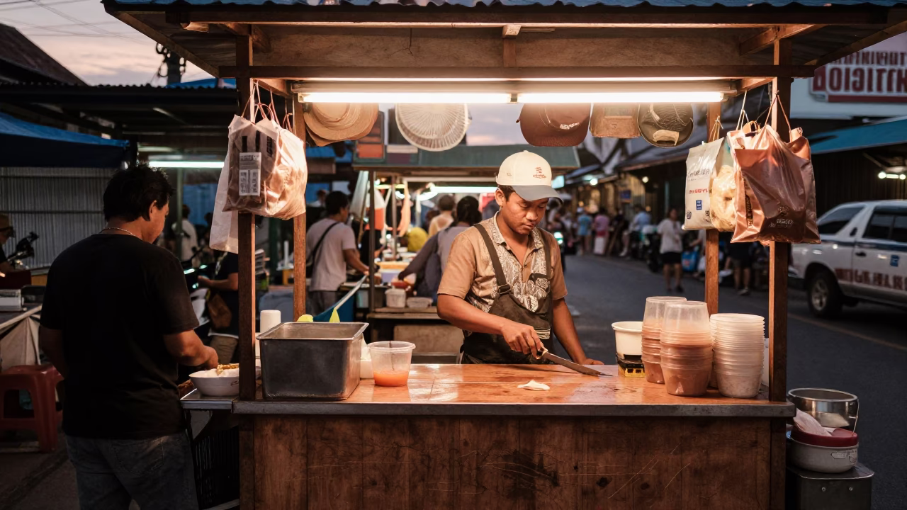 Copper-toned Light Before Dusk on Vendor Stall in Phuket in in Phuket, Thailand