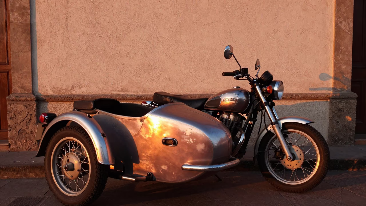 Copper-toned Light Before Dusk on Vintage Motorcycle in Medellin in in Medellin, Colombia