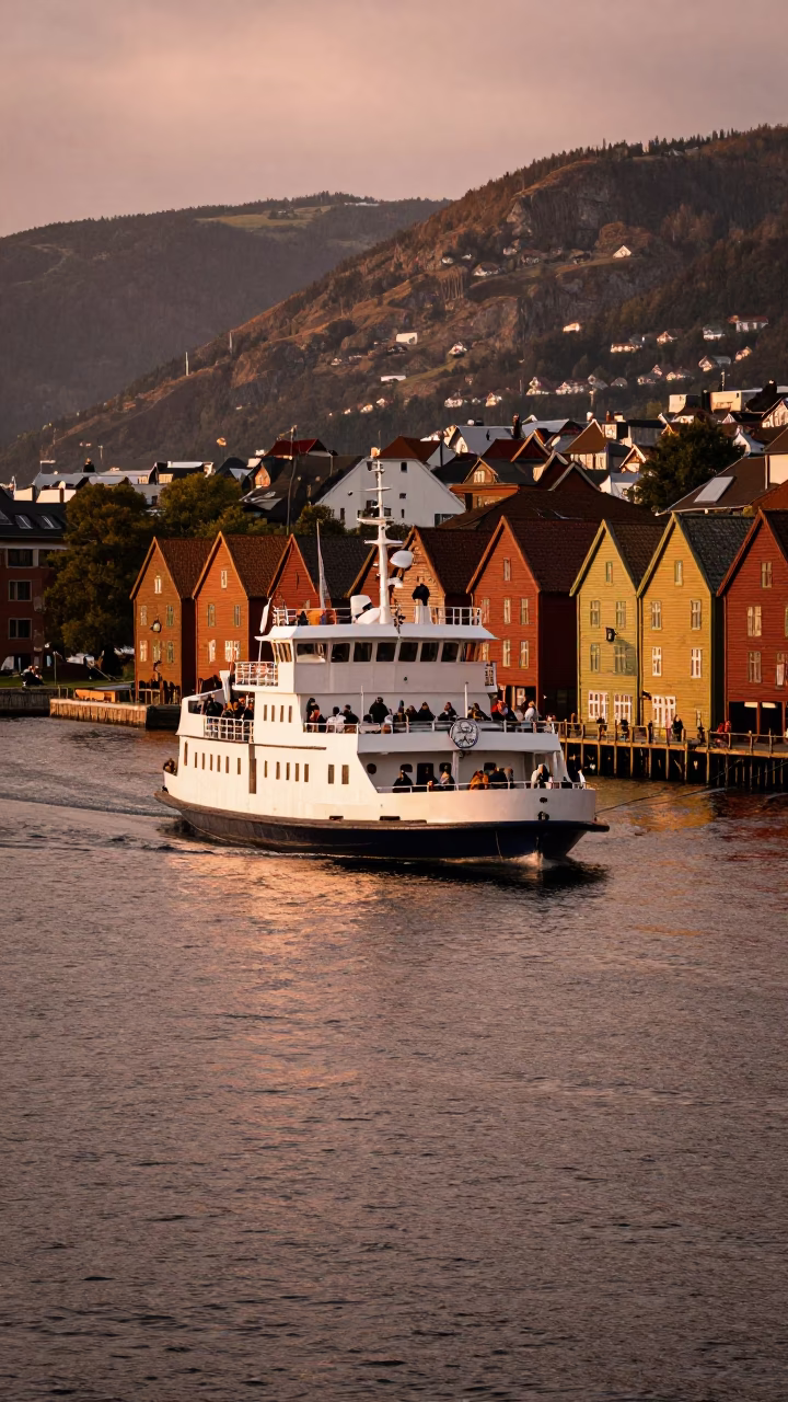 Copper-toned Light Before Dusk on Vossajosen River in Bergen in in Bergen, Norway