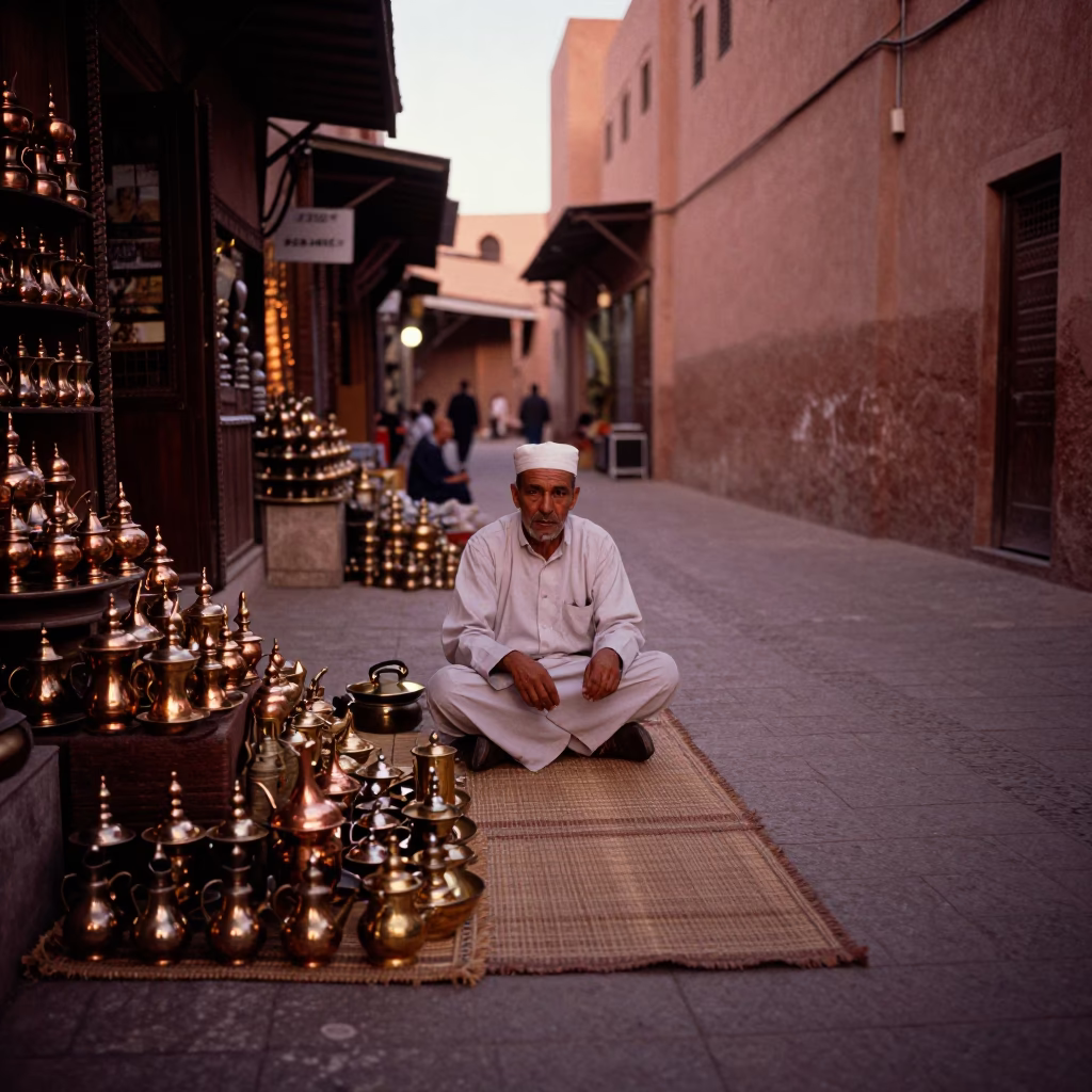 Copper-toned Light Before Dusk on Woven Mats in Marrakech in in Marrakech, Morocco