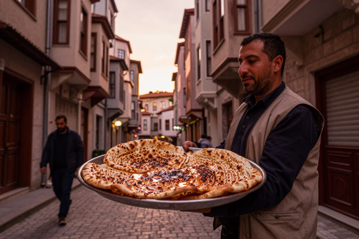 Copper-toned Light Before Dusk on Zaatar Manakeesh in Istanbul in in Istanbul, Turkey