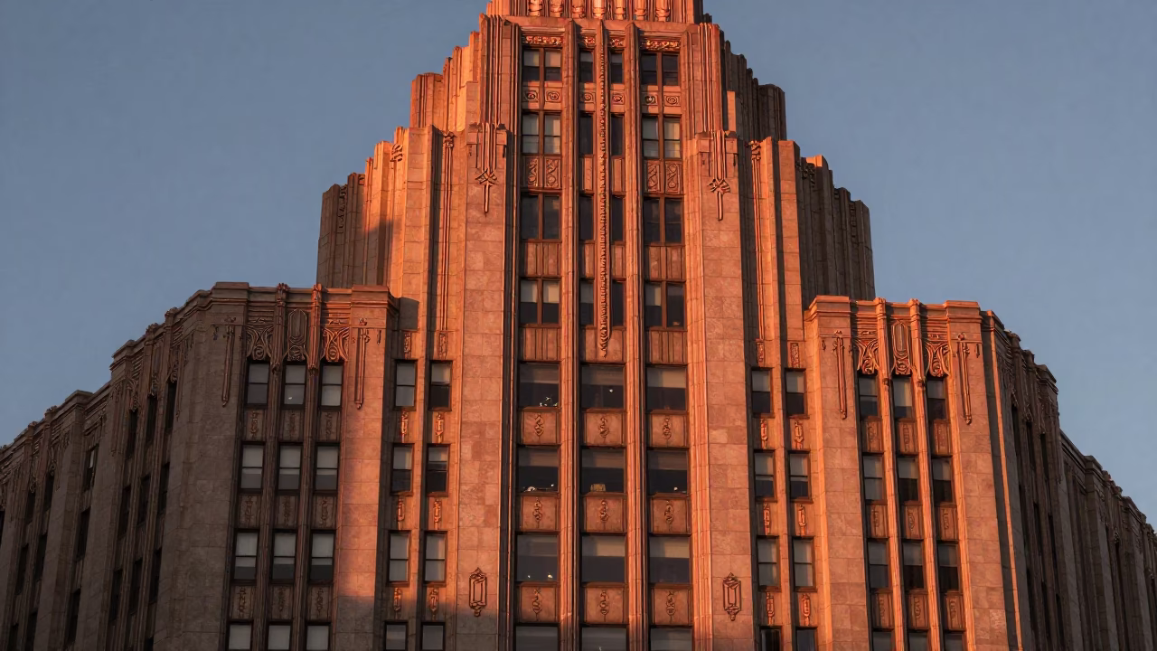 Copper Toned Light Before Dusk Over San Francisco Art Deco Hotel Facade and Cityscape in in San Francisco, California, United States