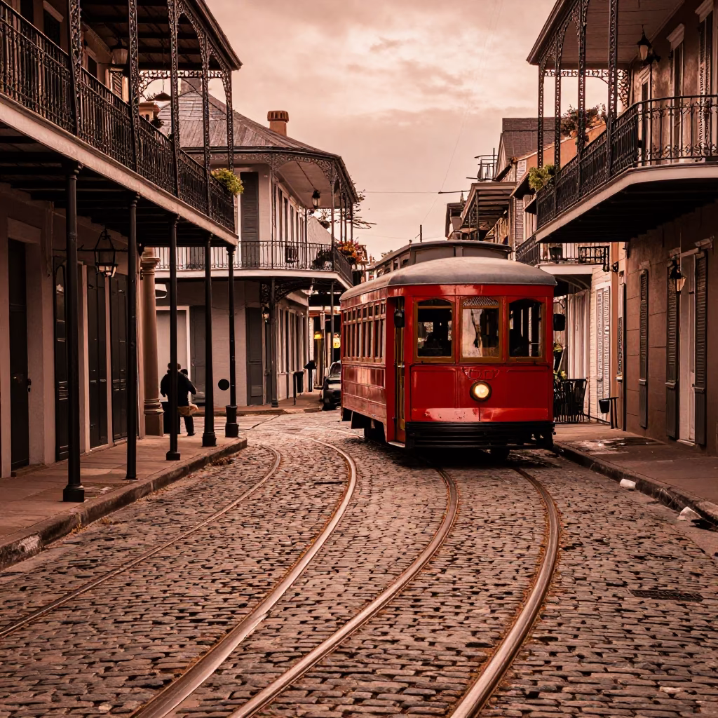 Copper Toned Light on New Orleans Cobblestone Street with Heritage Tram and Historic Architecture in in New Orleans, Louisiana, United States
