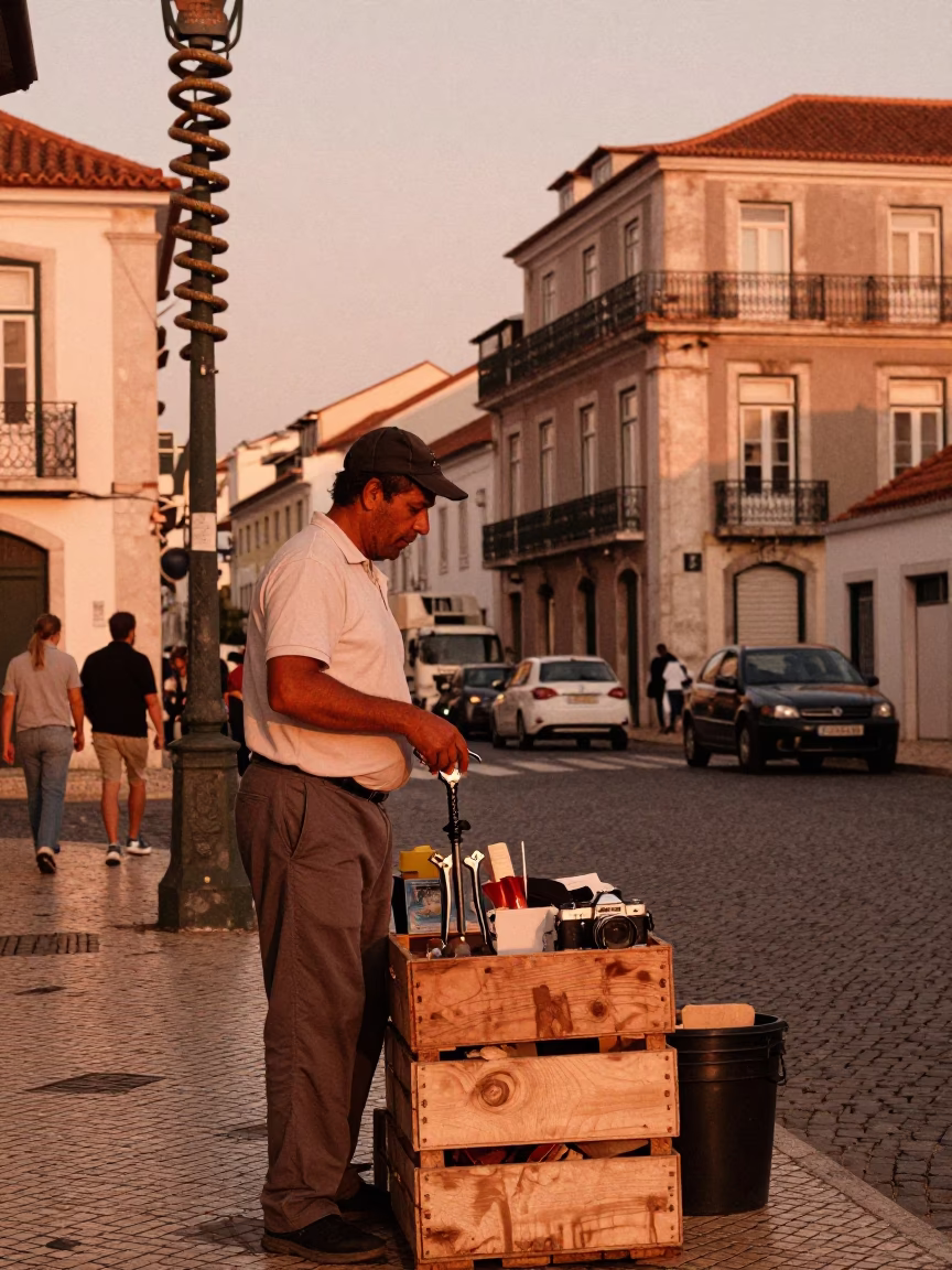 Copper Toned Lisbon Street Scene With Corkscrew And Local Interaction in in Lisbon, Portugal
